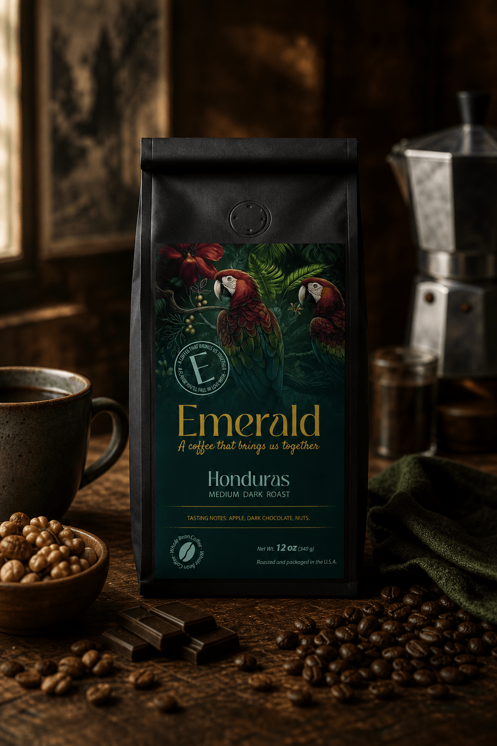 Bag of Emerald Cafe Honduras coffee on a wooden windowsill beside a cup of coffee, a Chemex brewer and a bowl of coffee beans