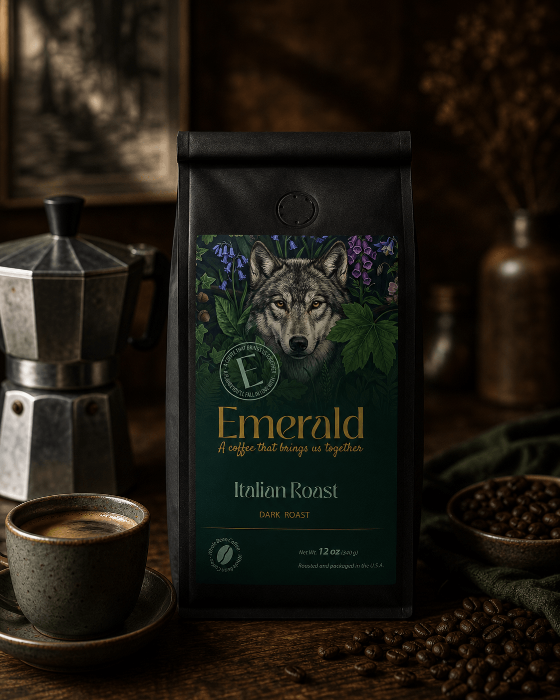 Bag of Emerald Cafe Italian Roast coffee beside a steaming cup of coffee and a stovetop moka pot