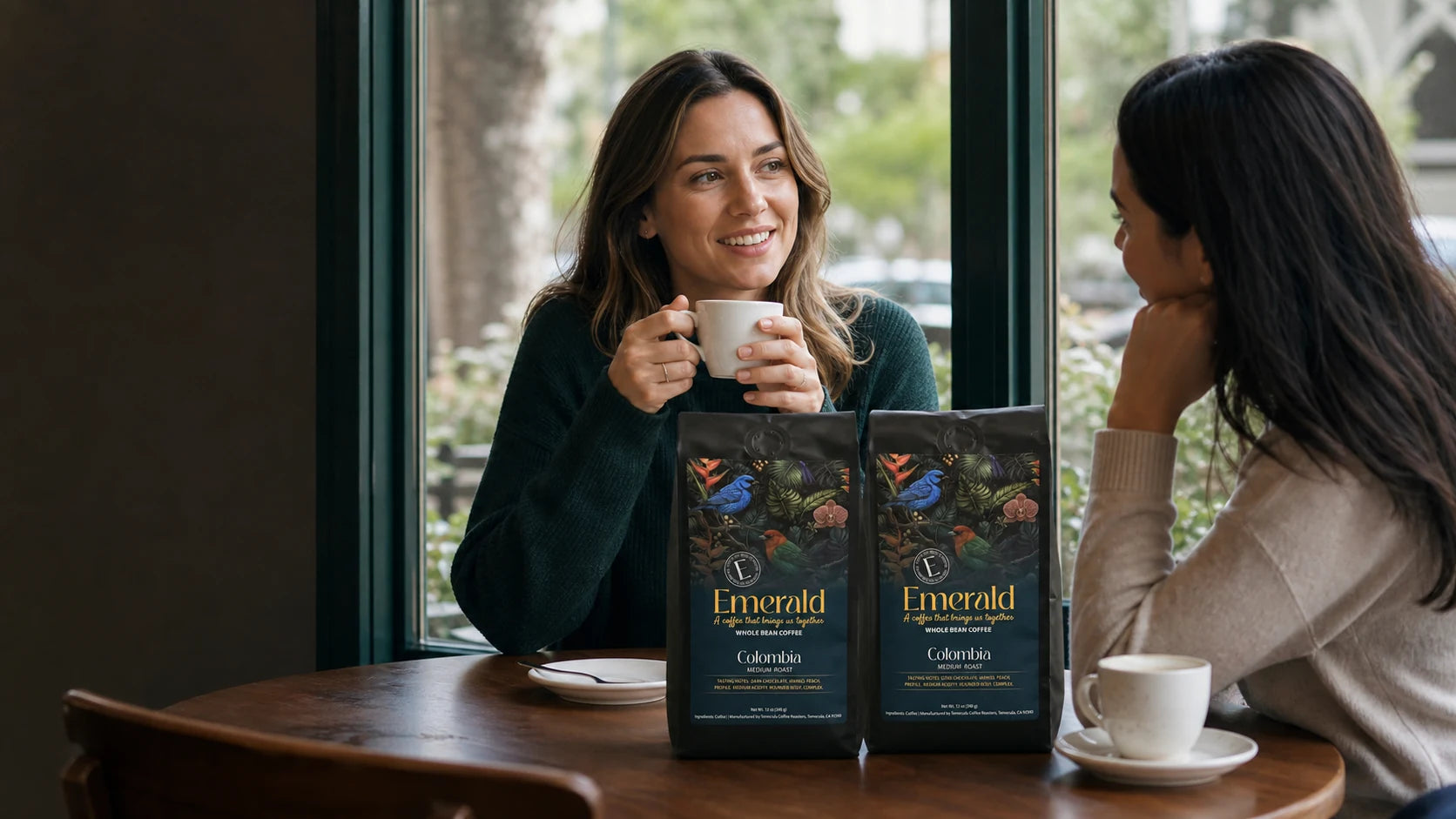 Two friends sharing a conversation over coffee by a window, two bags of Emerald Cafe Colombia coffee on the table between them
