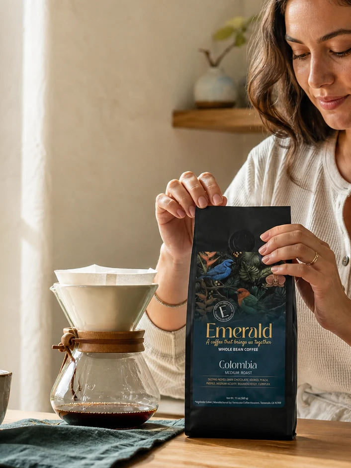 A woman holding a bag of Emerald Cafe Colombia coffee beside a pour-over setup at home