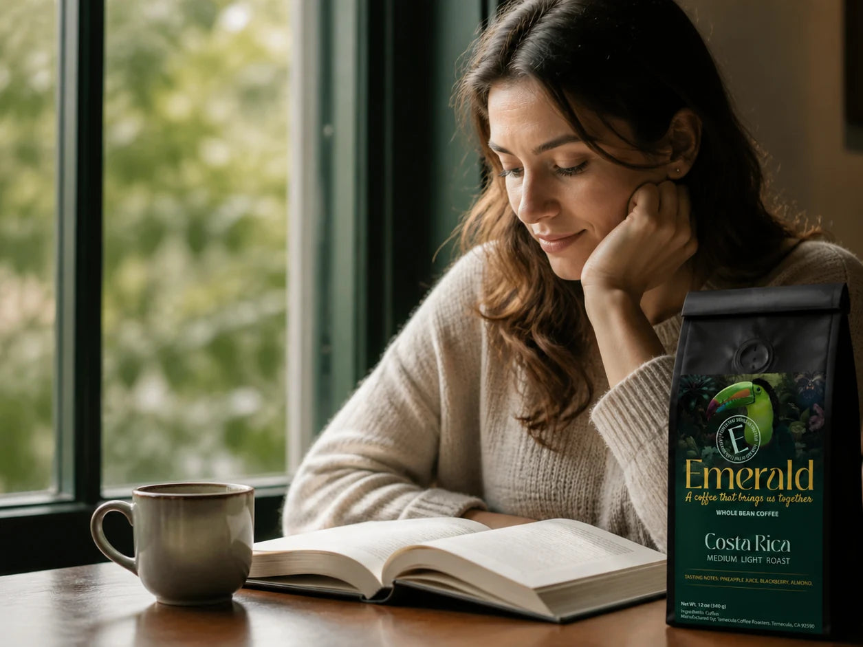 A woman pausing by a window with a book and a cup of coffee, a bag of Emerald Cafe Costa Rica coffee resting on the table beside her